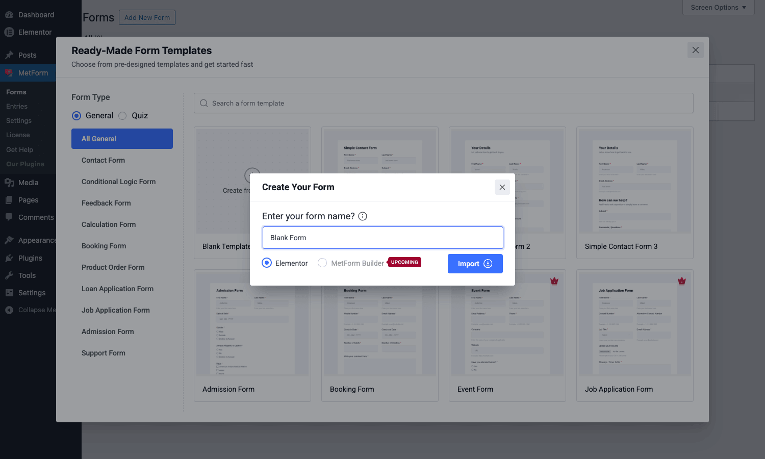 MetForm Create Your Form modal with a form name input and the Elementor builder selected