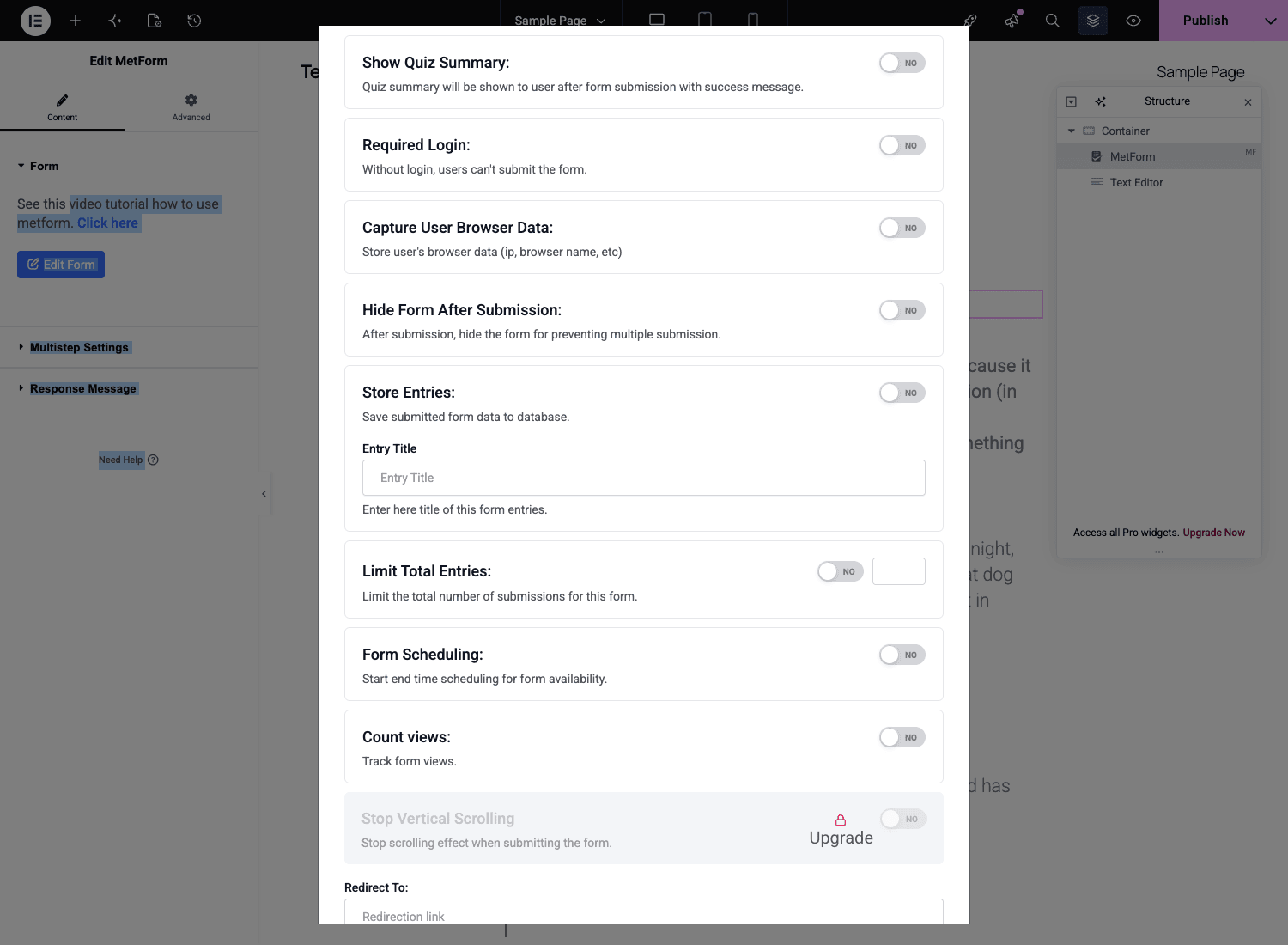 MetForm Pro form-settings modal with toggles for Show Quiz Summary, Required Login, Capture User Browser Data, Hide Form After Submission, Store Entries, Limit Total Entries, Form Scheduling, and Count views