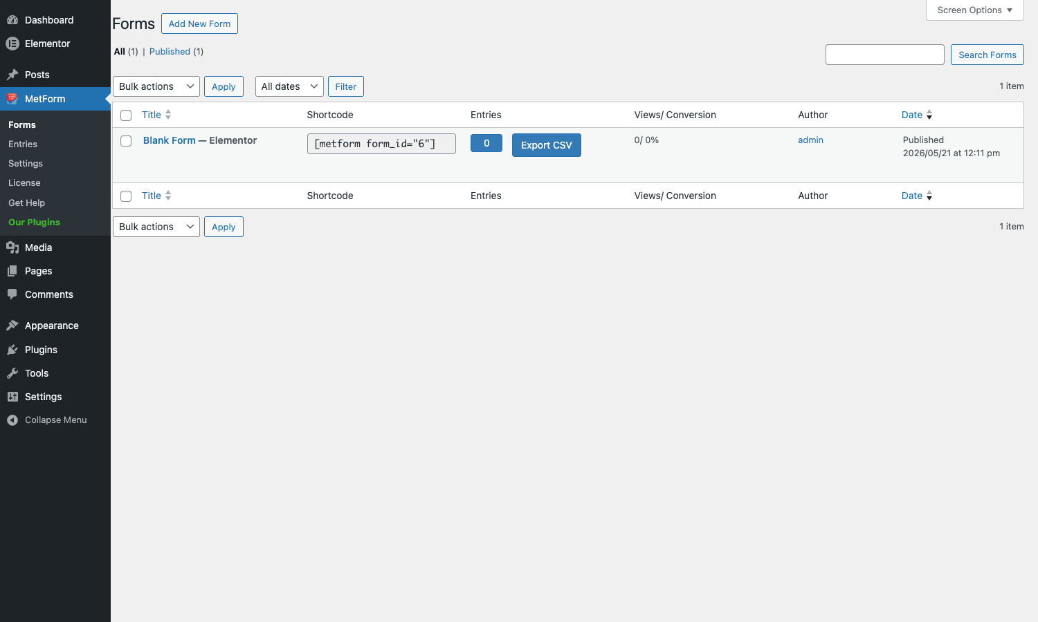 MetForm Pro Forms list showing the Title, Shortcode, Entries, Views/Conversion, Author, and Date columns with an Export CSV button