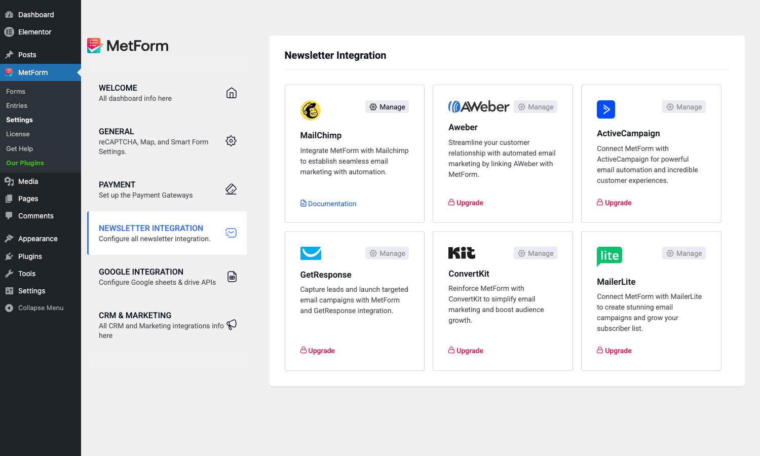 MetForm Pro Newsletter Integration tab with cards for Mailchimp, Aweber, ActiveCampaign, GetResponse, ConvertKit, and MailerLite