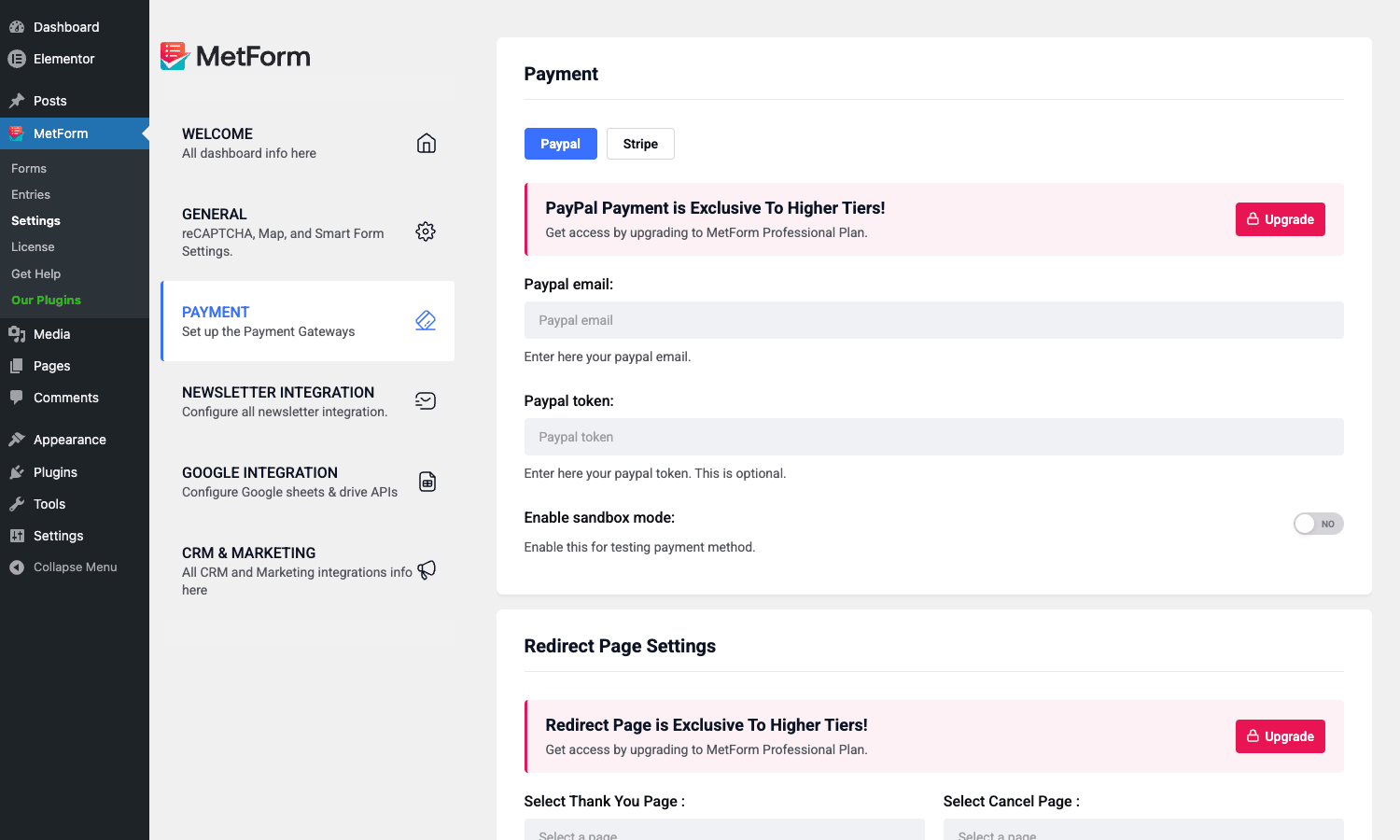 MetForm Pro Payment settings tab with Paypal and Stripe gateway tabs, fields for Paypal email and token, a sandbox toggle, and Redirect Page Settings below