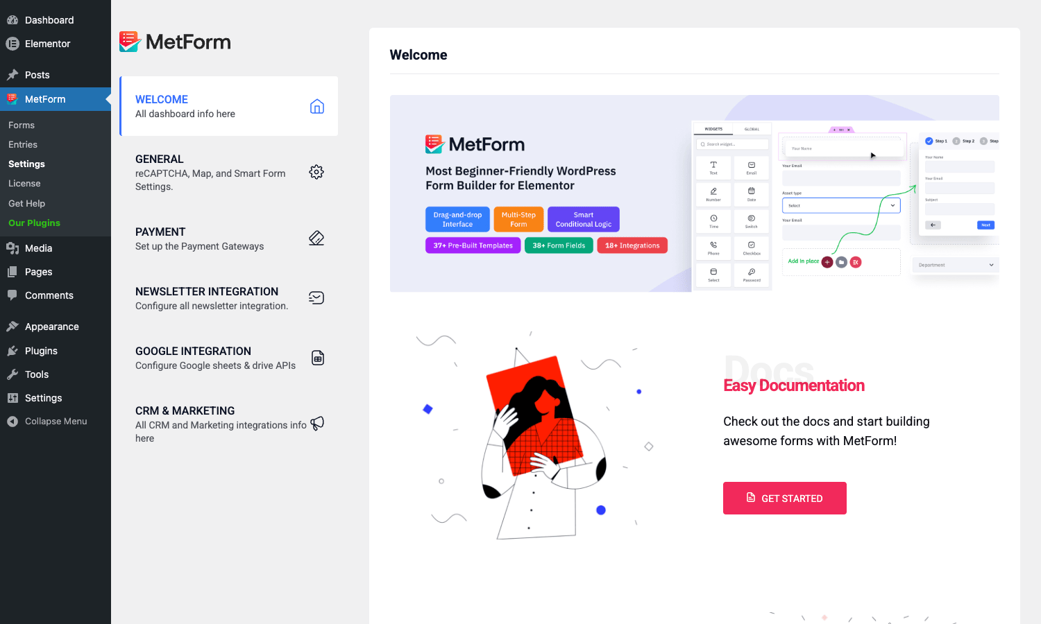 MetForm Pro Settings dashboard with the WELCOME, GENERAL, PAYMENT, NEWSLETTER INTEGRATION, GOOGLE INTEGRATION, and CRM & MARKETING tabs in the left rail