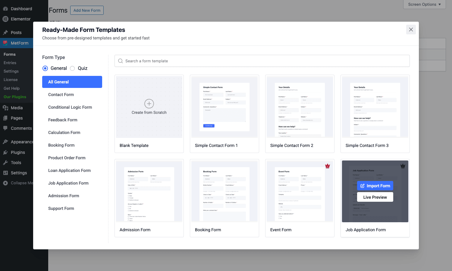 MetForm Pro Ready-Made Form Templates modal with categories on the left (Contact Form, Conditional Logic Form, Feedback Form, Calculation Form, Booking Form) and template cards on the right