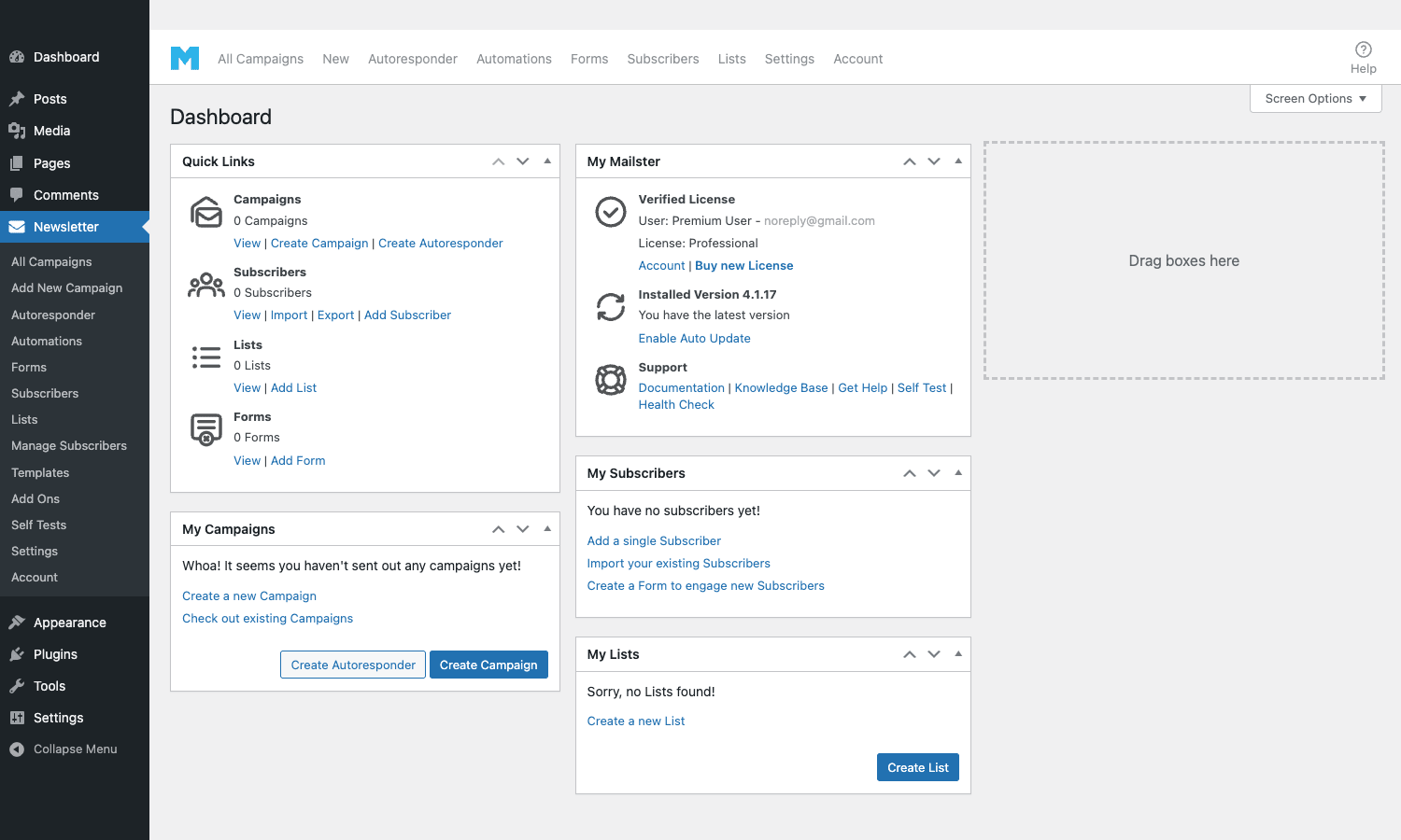 Mailster Dashboard with Quick Links to campaigns, subscribers, lists, forms, and the My Mailster license panel Mailster Dashboard in WordPress admin with Quick Links, My Mailster, My Subscribers, and My Lists widgets