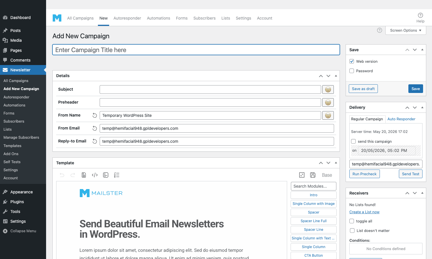 Mailster campaign editor showing Subject, Preheader, From Name/Email, From and Template with a sample newsletter and module library on the right Mailster Add New Campaign editor with Details, Template, Delivery, and Receivers panels