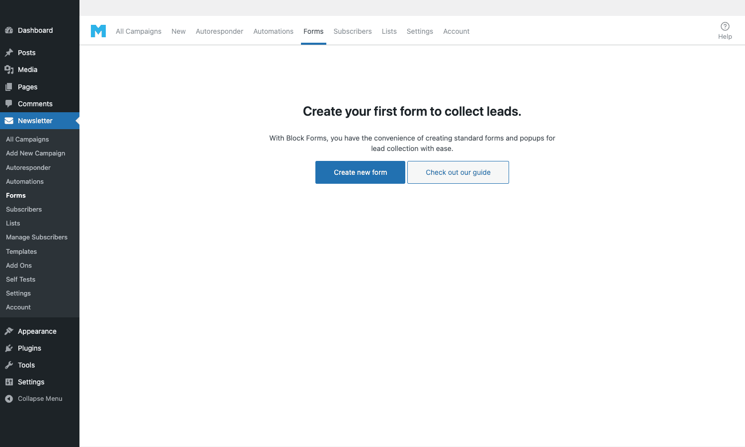 Mailster Block Forms admin page showing the create-new-form CTA Mailster Forms empty state with "Create your first form" CTA