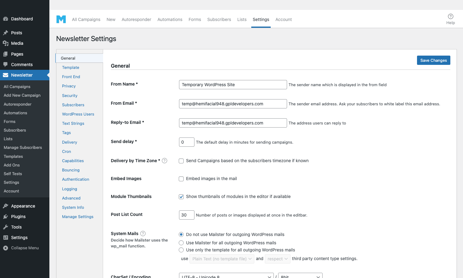 Mailster Newsletter Settings General tab with sender info, delivery, embed images, module thumbnails, and system mail handling Mailster Newsletter Settings with General configuration, From Name, From Email, Delivery, and timezone options