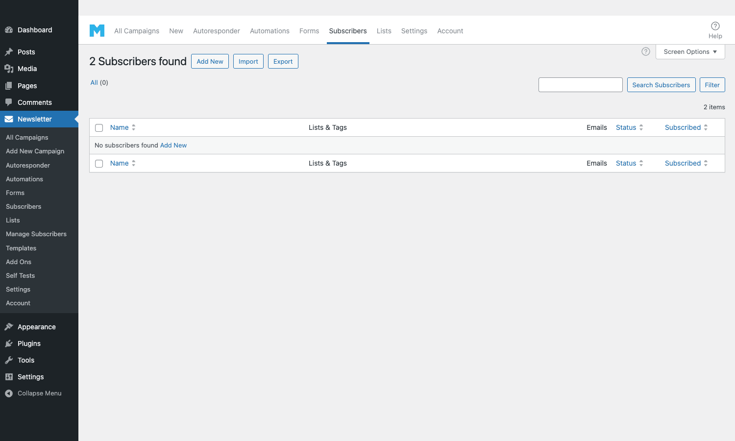 Mailster Subscribers admin page with sortable email, status, signup time columns and bulk action selector Mailster Subscribers list showing empty state with import and add CTAs