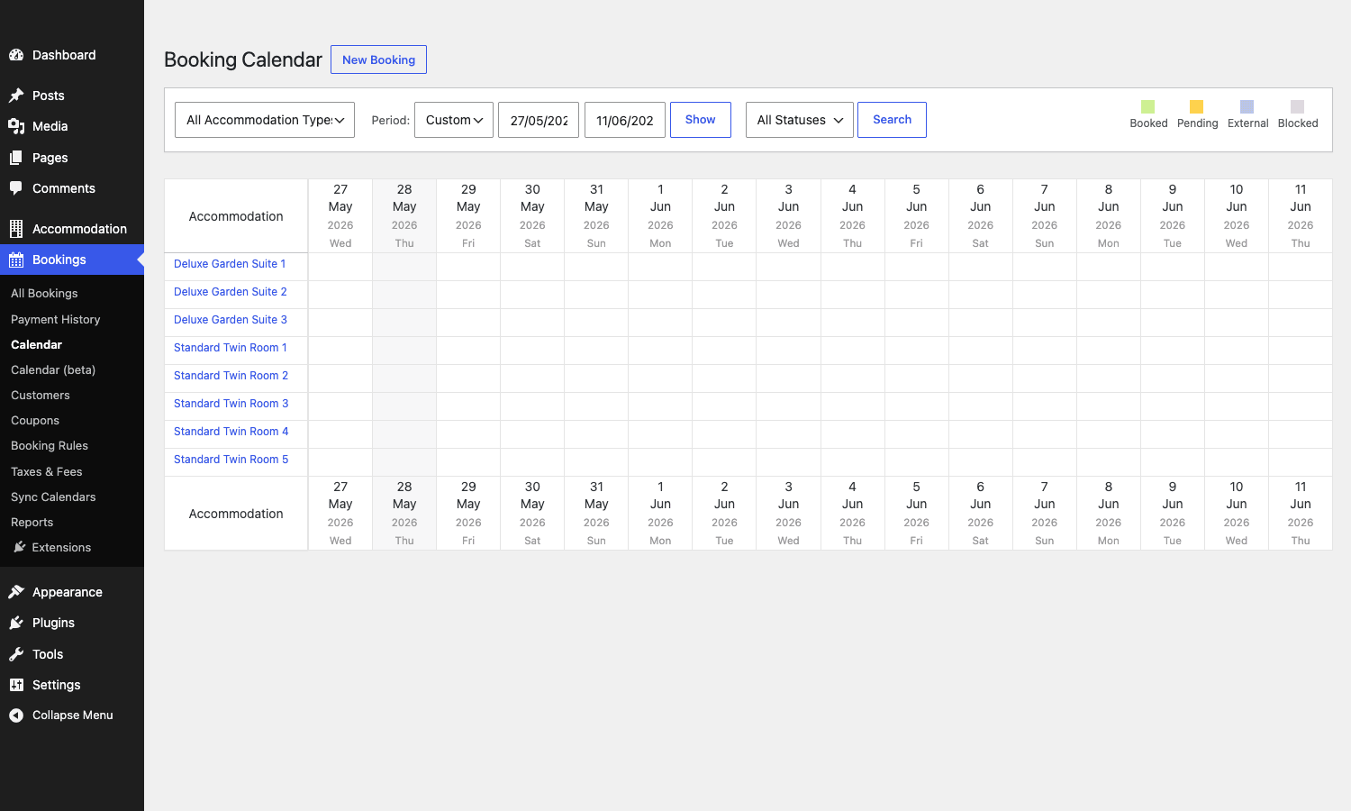 MotoPress booking calendar grid MotoPress Booking Calendar showing rooms in rows and dates in columns with a color-coded legend