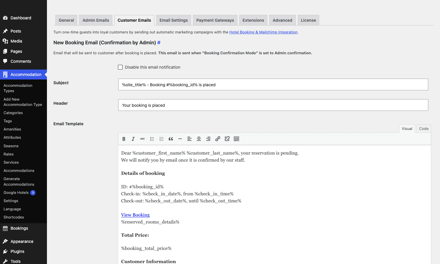 MotoPress customer email template MotoPress Customer Emails tab showing the New Booking Email template with merge tags