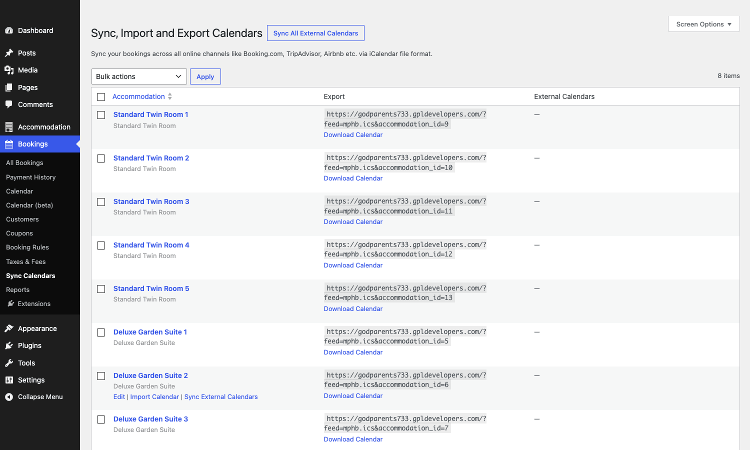 MotoPress iCal sync calendars page MotoPress Sync Calendars page listing each accommodation with its iCal export URL and an External Calendars column