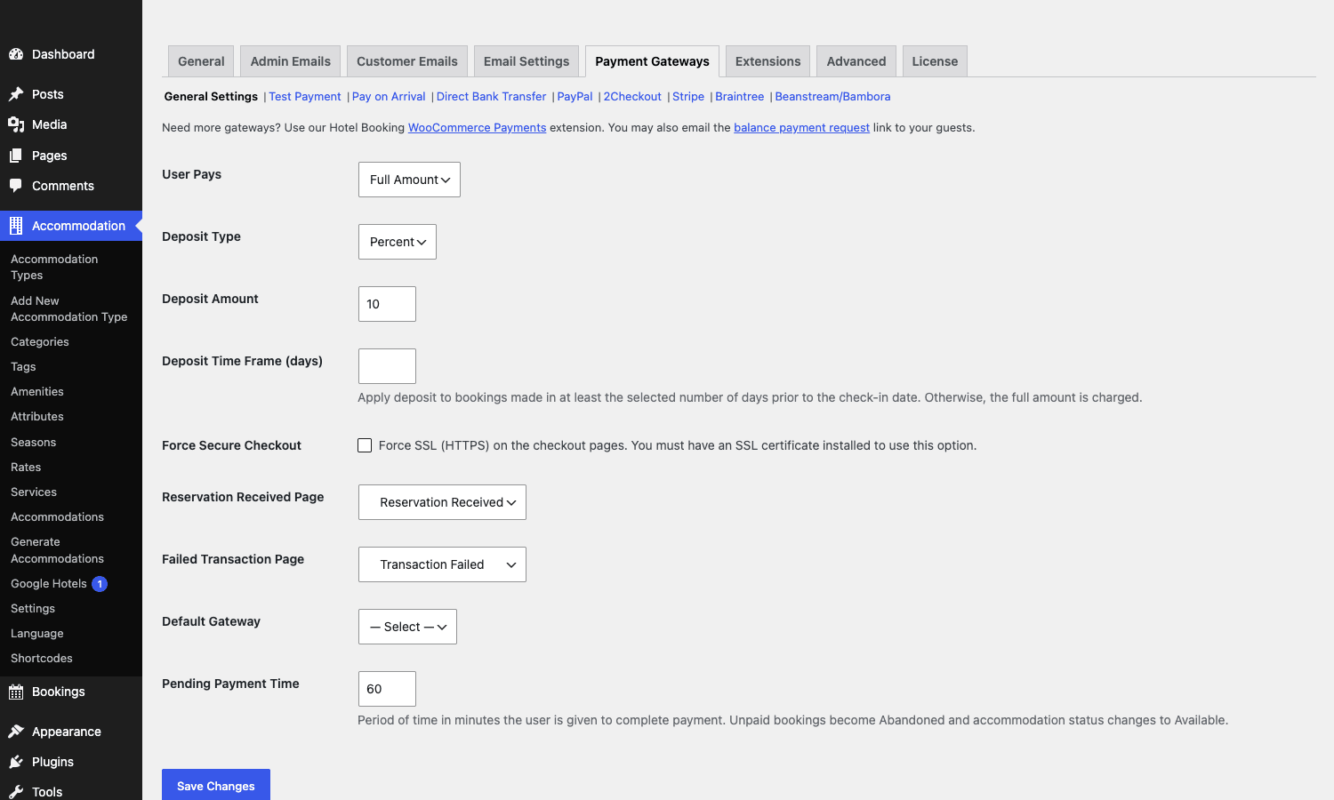 MotoPress payment gateways MotoPress Payment Gateways tab showing General Settings with deposit options and the list of gateway sub-tabs