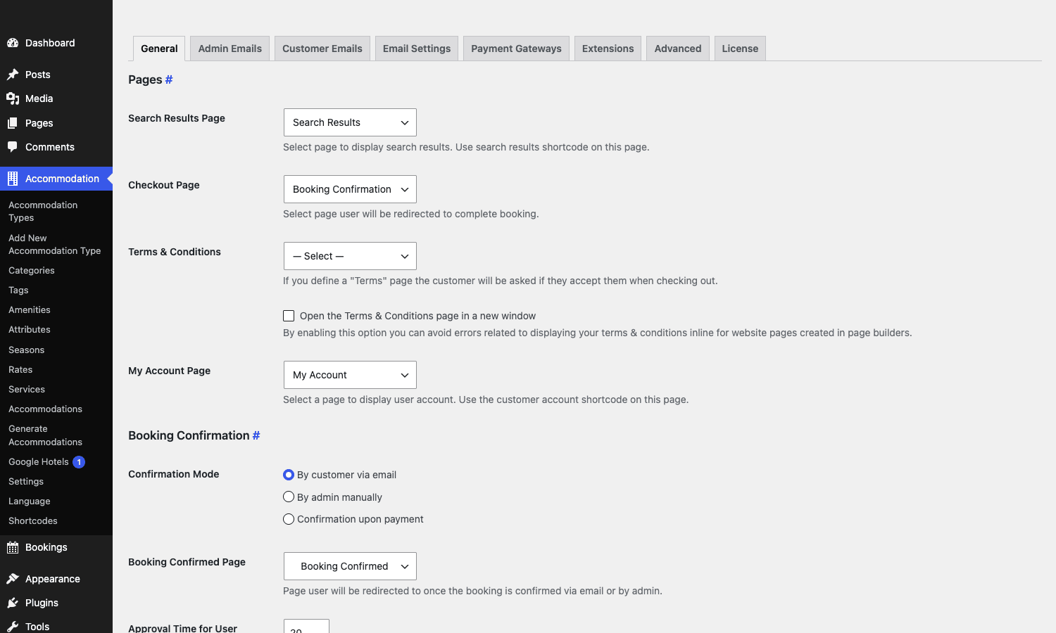 MotoPress settings: pages and confirmation modes MotoPress general settings tab showing page assignments and Booking Confirmation modes