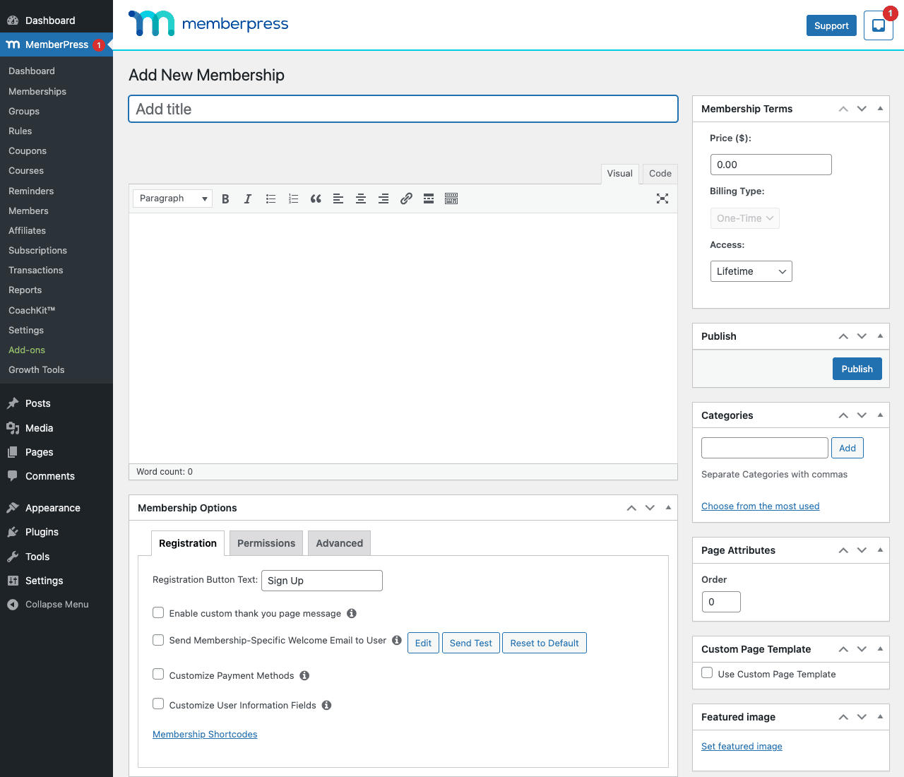 MemberPress Add New Membership editor showing Add Title input, Visual/Code text editor, right sidebar with Membership Terms (Price $0.00, Billing Type One-Time, Access Lifetime), Publish box, Categories, Page Attributes, Featured image, and Membership Options panel with Registration / Permissions / Advanced tabs