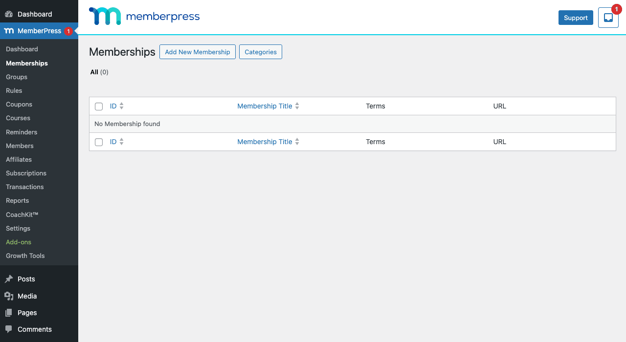 MemberPress Memberships list page showing the admin sidebar nav (Dashboard, Memberships, Groups, Rules, Coupons, Courses, Reminders, Members, Affiliates, Subscriptions, Transactions, Reports, CoachKit, Settings, Add-ons, Growth Tools), Memberships header with Add New Membership button, and an empty memberships table