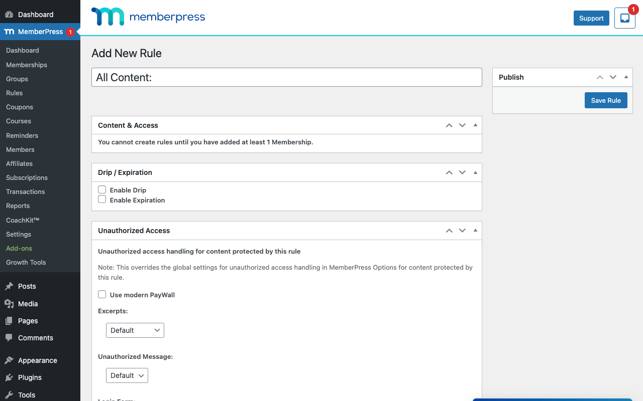 MemberPress Add New Rule editor showing "All Content:" dropdown, Content & Access section, Drip / Expiration section (Enable Drip / Enable Expiration toggles), Unauthorized Access section (Use modern PayWall, Excerpts, Unauthorized Message)
