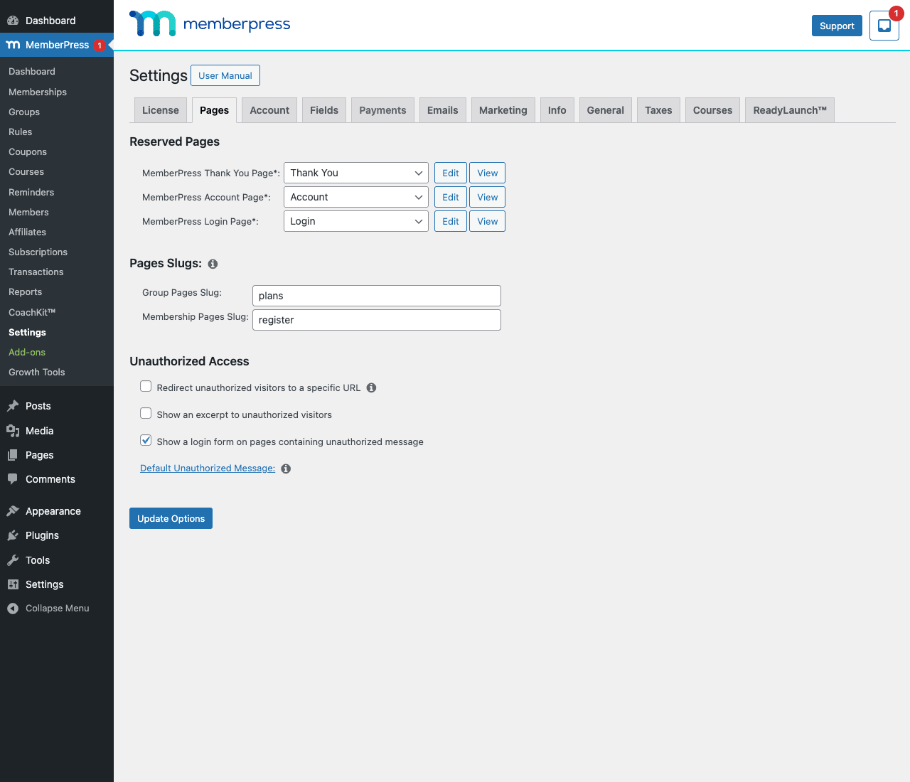 MemberPress Settings Pages tab showing Reserved Pages (Thank You / Account / Login dropdowns), Pages Slugs (plans, register), Unauthorized Access toggles (Redirect / Show excerpt / Show login form), Default Unauthorized Message link