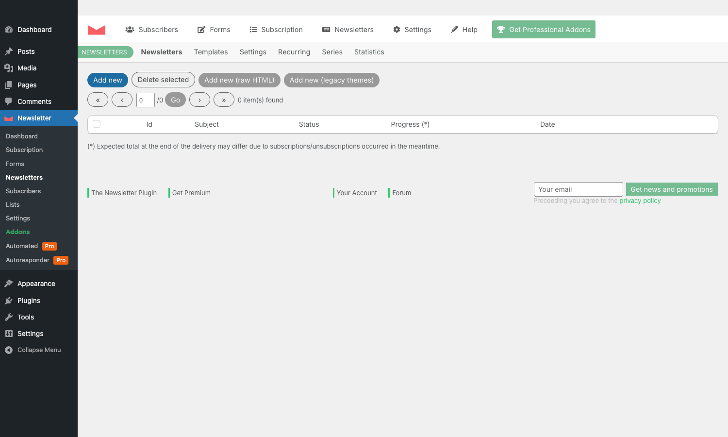 Newsletter campaigns list Newsletter campaigns list view with empty table and add-new buttons