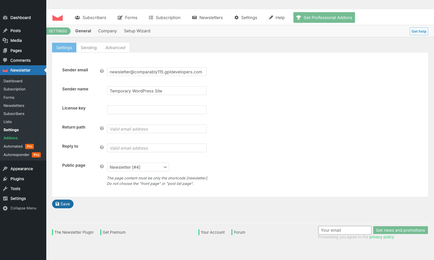 Newsletter settings Newsletter Settings General tab with sender email name and public page fields