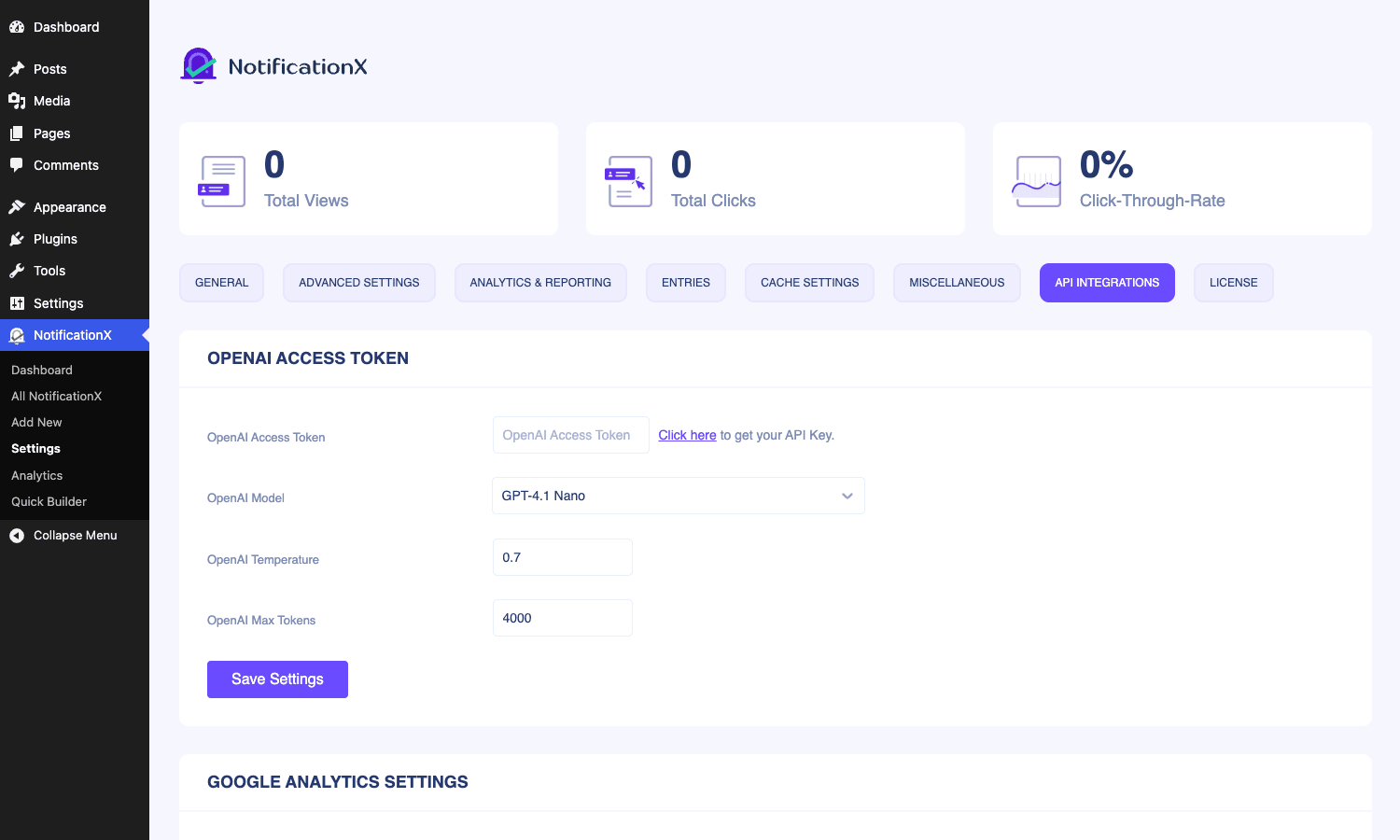 NotificationX API integrations NotificationX API integrations tab with OpenAI and Google Analytics settings