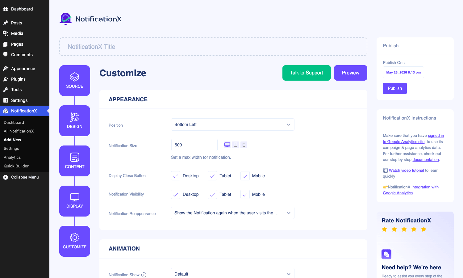 NotificationX customize options NotificationX customize tab with position and animation settings