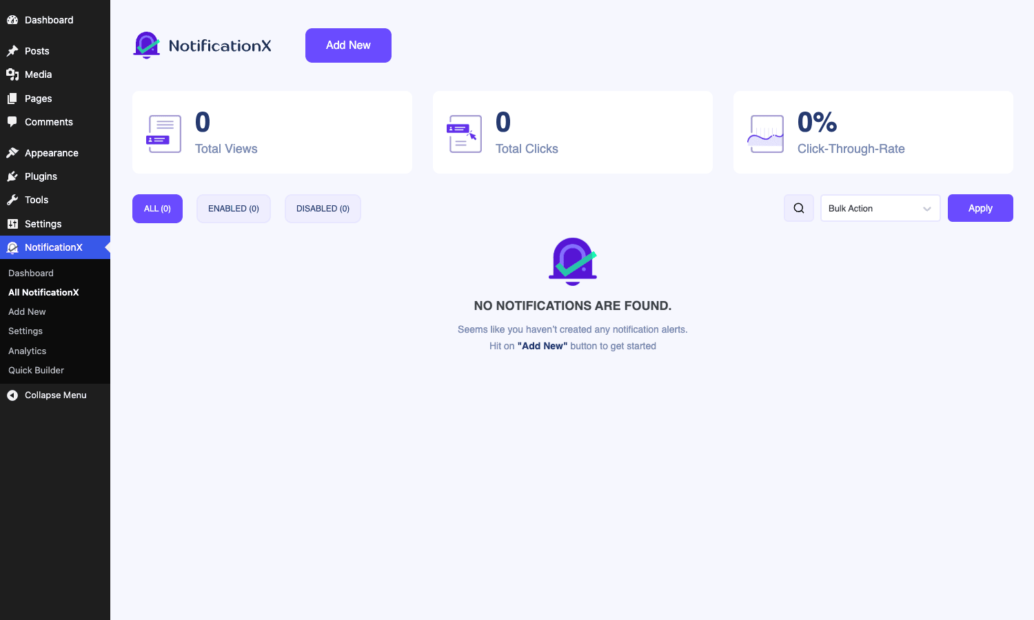 NotificationX dashboard NotificationX dashboard inside WordPress admin