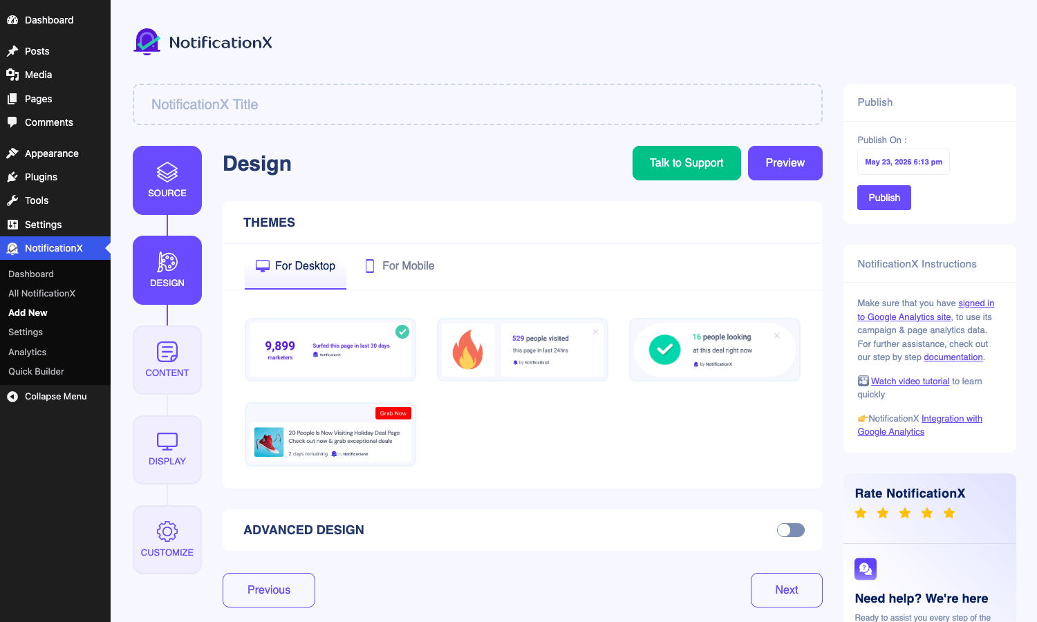 NotificationX design templates NotificationX design tab with theme variants for desktop and mobile