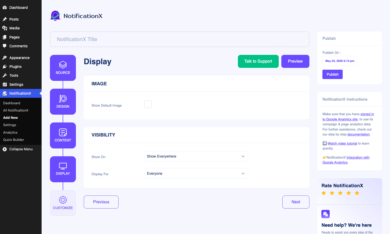 NotificationX display rules NotificationX display tab with image and visibility settings