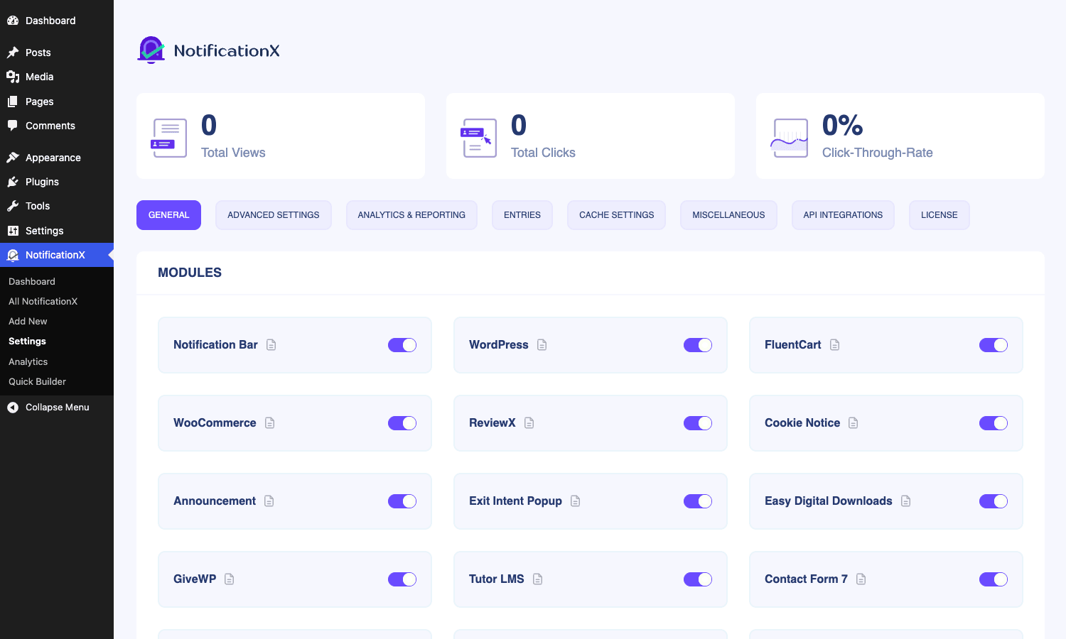 NotificationX settings NotificationX settings page with the modules toggle grid
