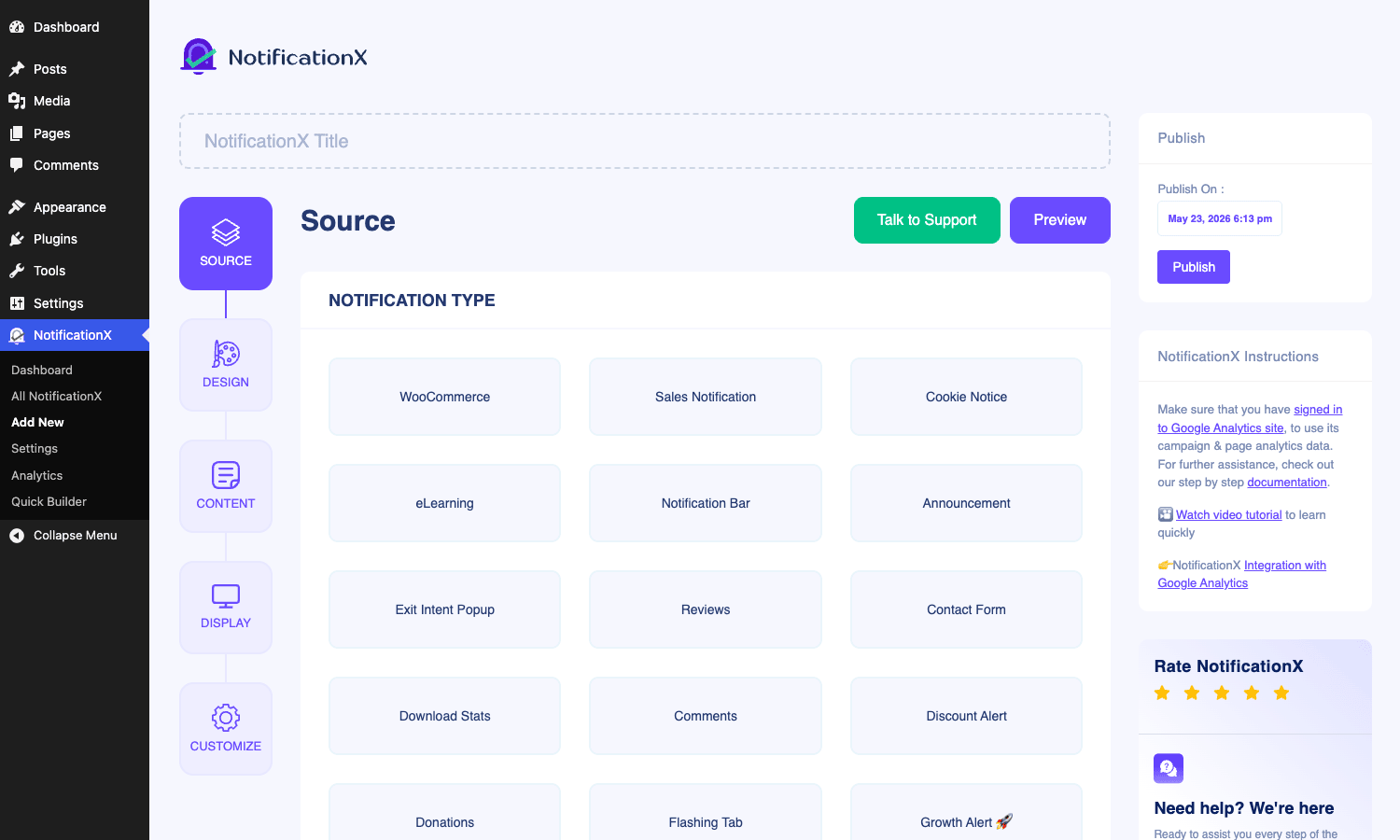 NotificationX source picker NotificationX source picker showing the grid of notification types