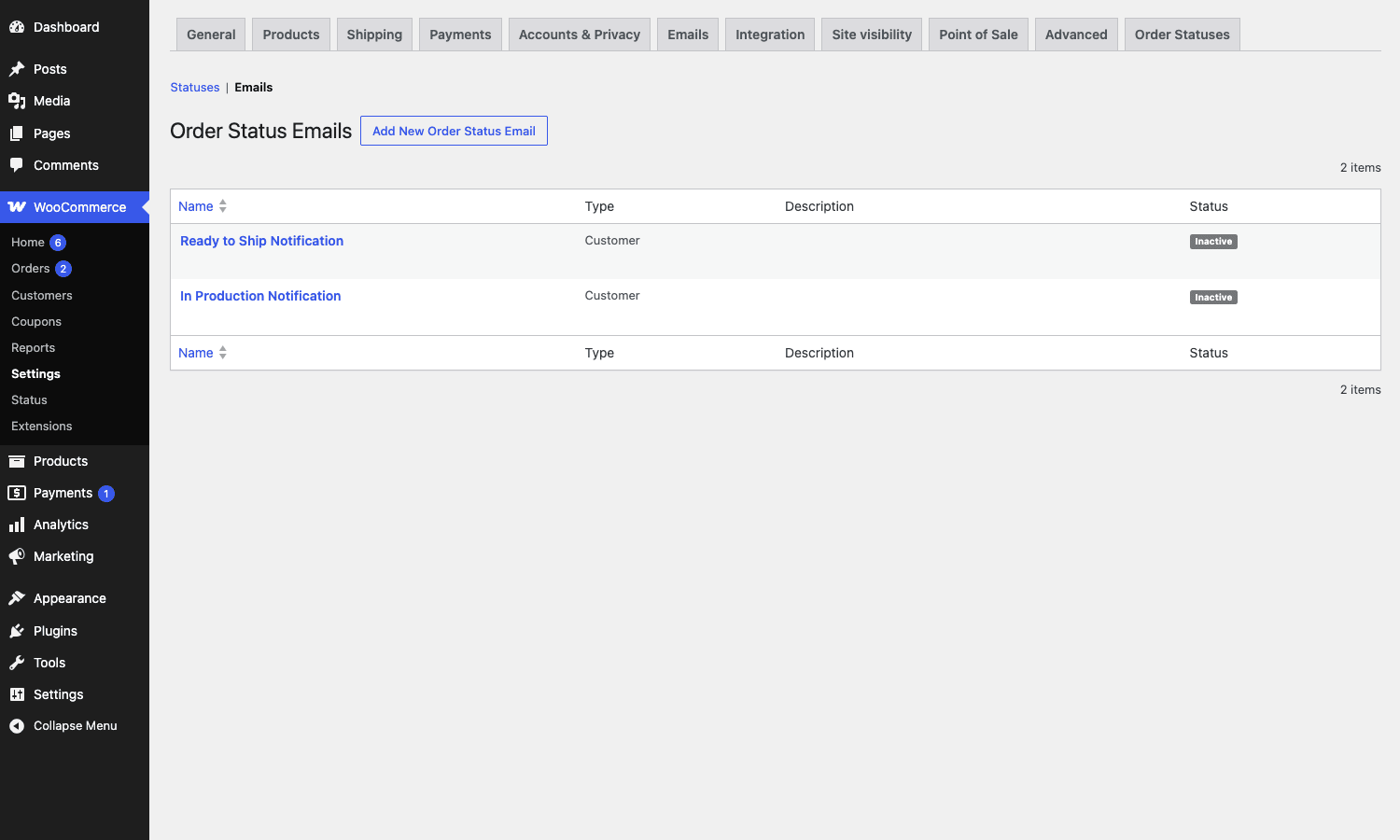 Order Status Manager email list showing 2 custom transition emails configured for In Production and Ready to Ship