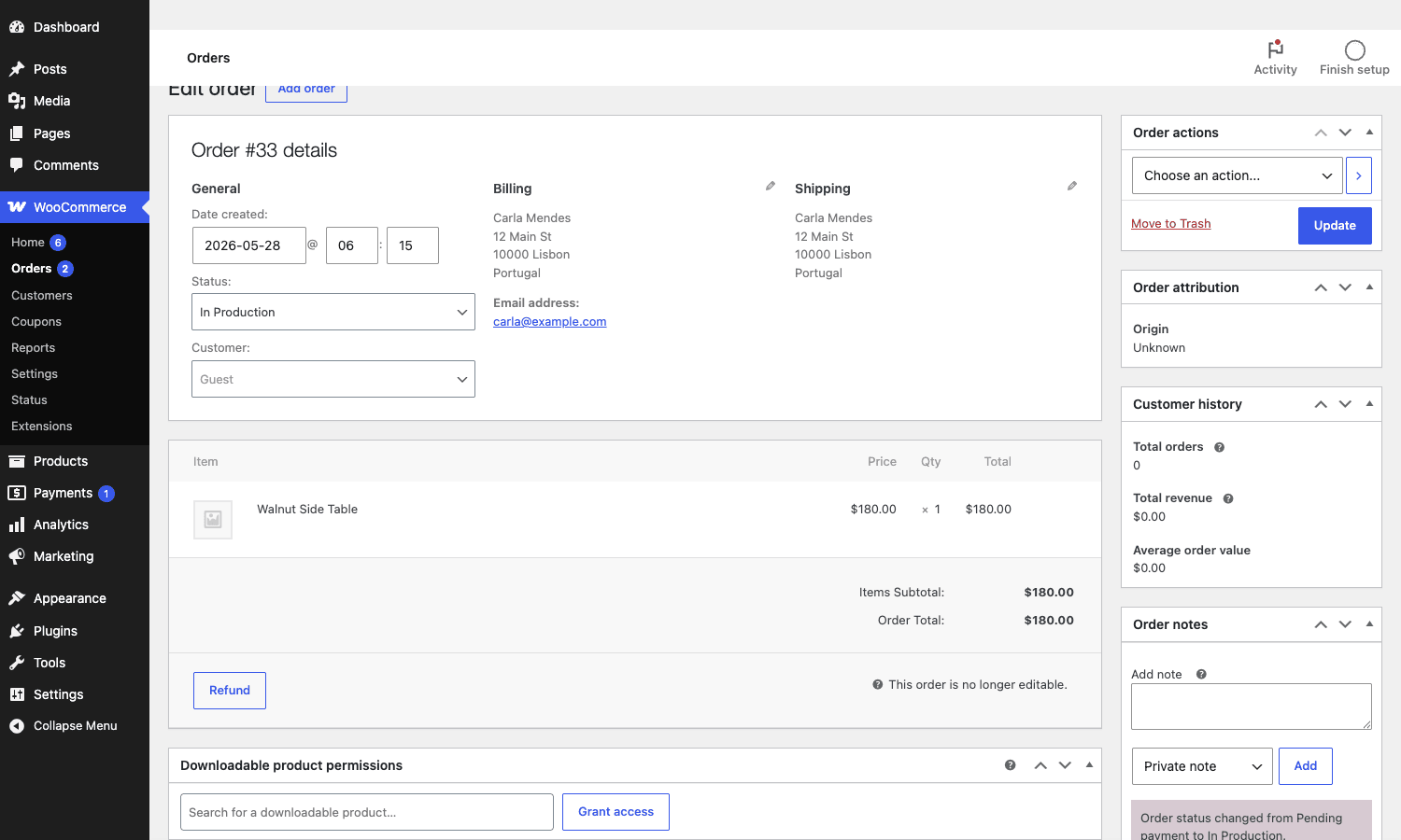 Single WooCommerce order detail page showing In Production status set on order 33 for a Walnut Side Table