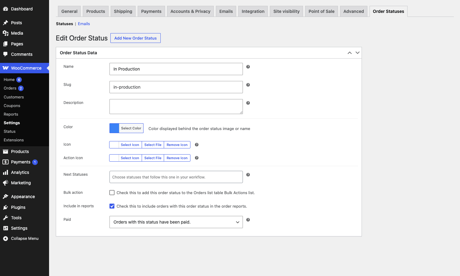Edit Order Status form in WooCommerce Order Status Manager showing color, icon, next statuses, paid flag, reports flag