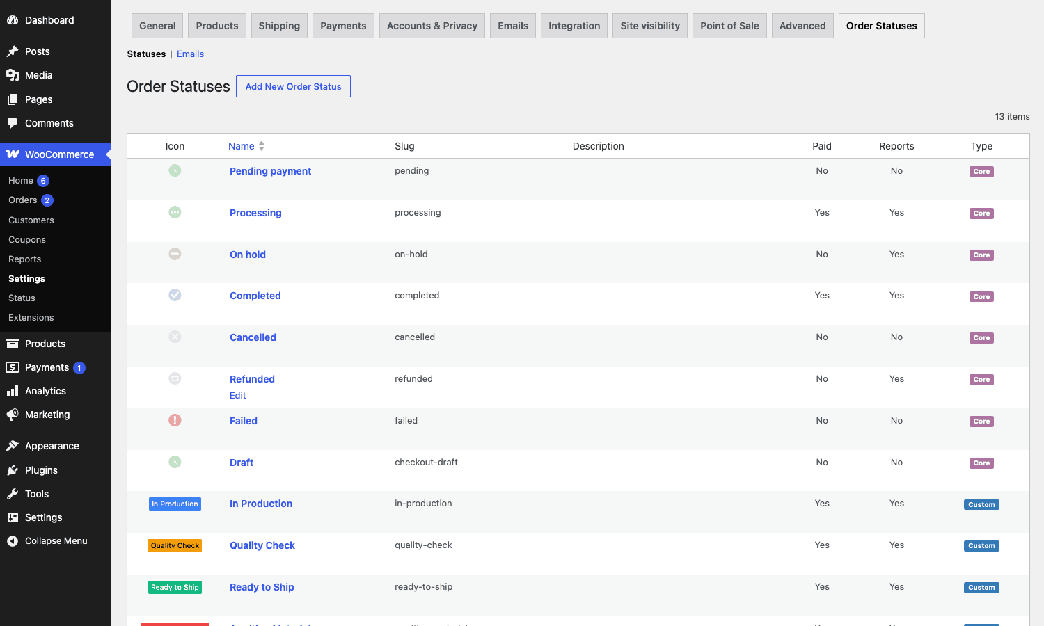 WooCommerce Order Status Manager admin showing 5 custom statuses with colors and icons