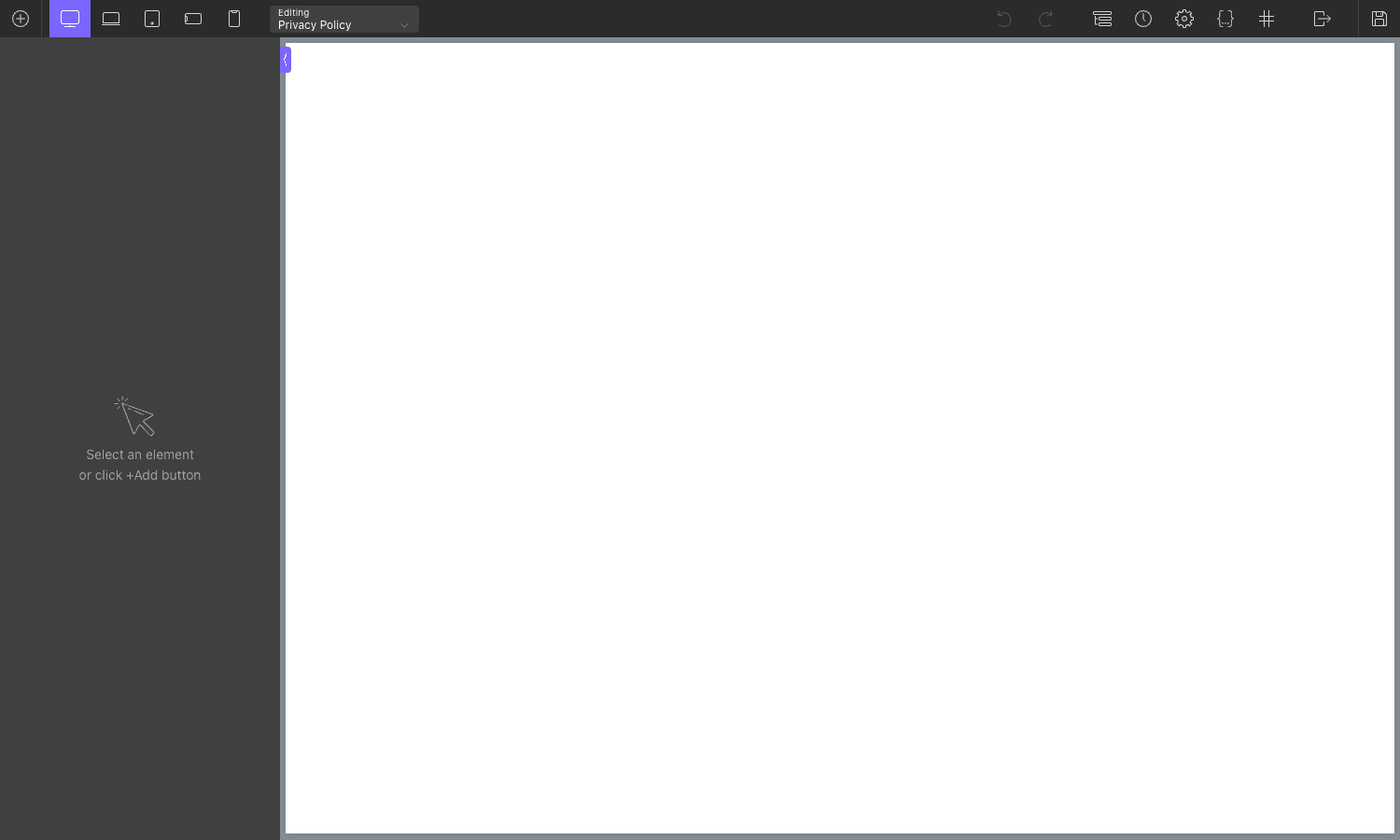 Oxygen Visual Editor with top toolbar (Add, Settings, Devices, Selectors), left panel for element selection, and empty canvas Oxygen visual editor showing empty page with toolbar, device responsive buttons, and Select an element prompt