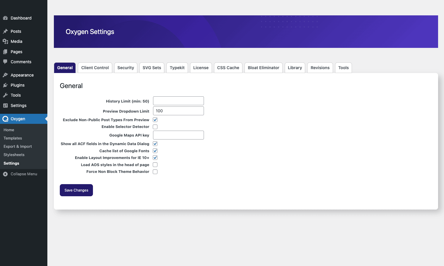 Oxygen Site Builder Settings admin page with global configuration Oxygen Settings admin page