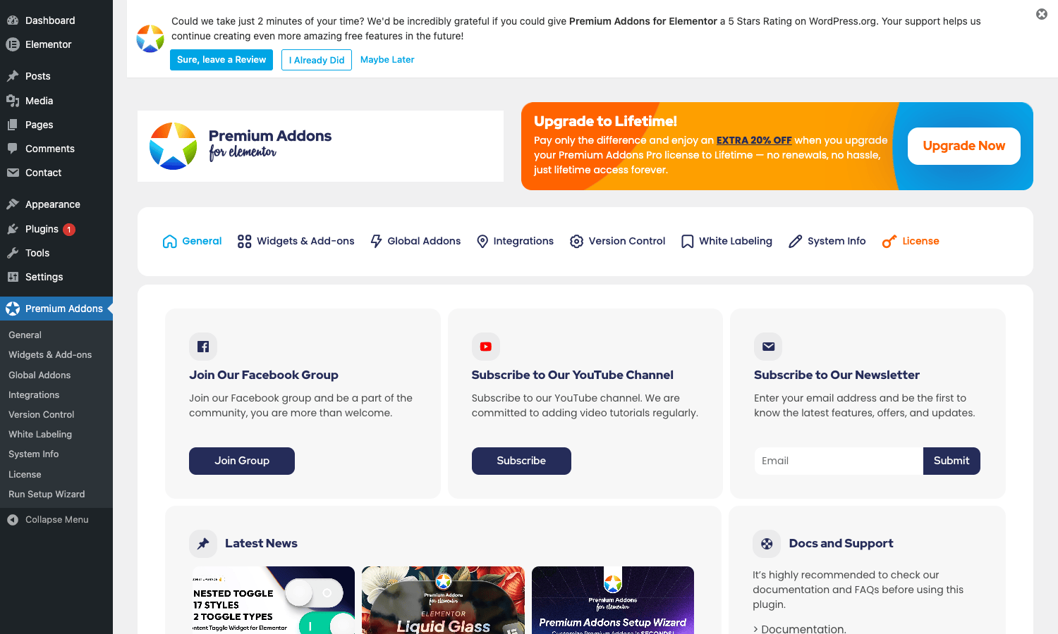 Premium Addons settings General tab with tab navigation - General, Widgets & Add-ons, Global Addons, Integrations, Version Control, White Labeling, System Info, License Premium Addons General tab