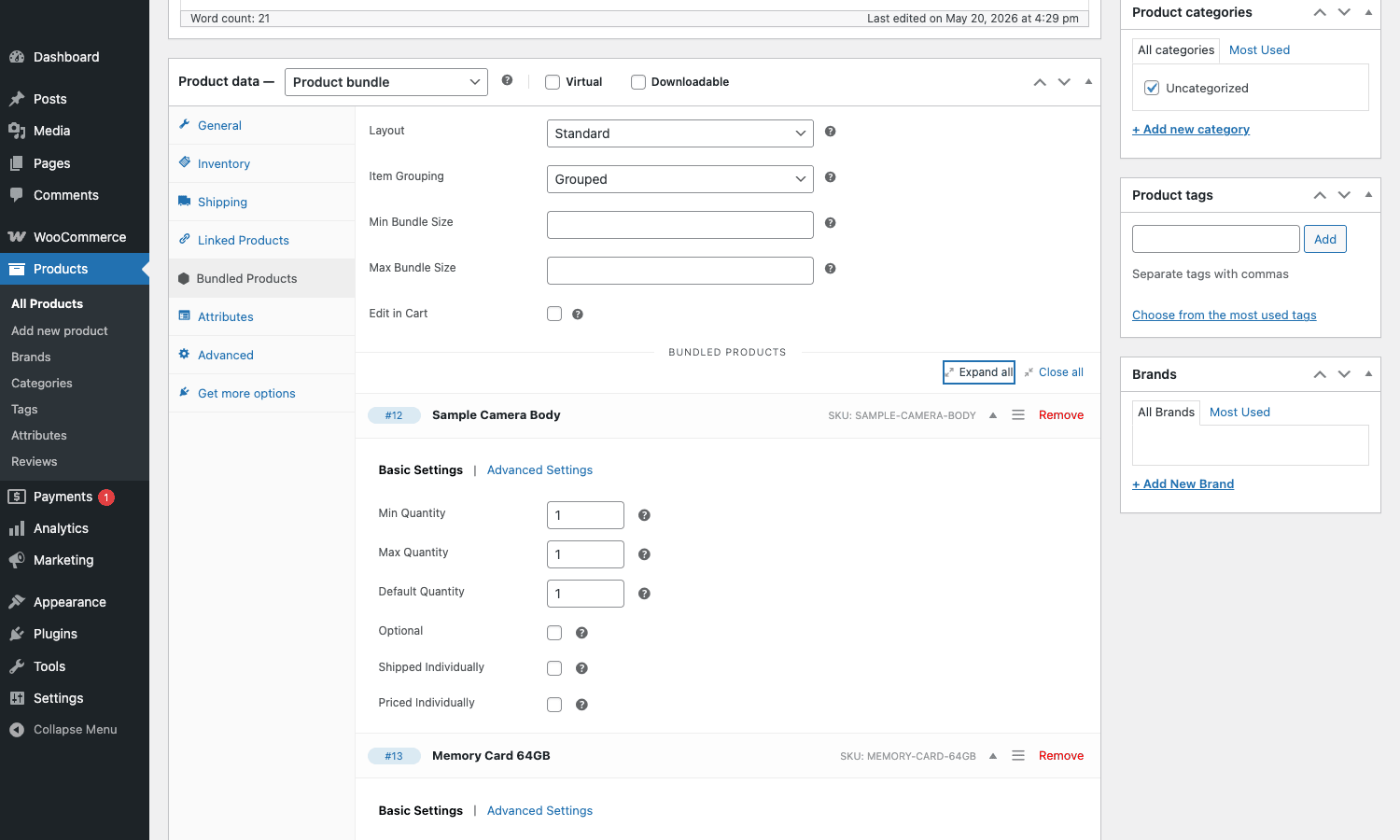Per-item bundle configuration showing Min Quantity, Max Quantity, Default Quantity, Optional, Shipped Individually, Priced Individually WooCommerce Product Bundles editor with the per-item configuration expanded