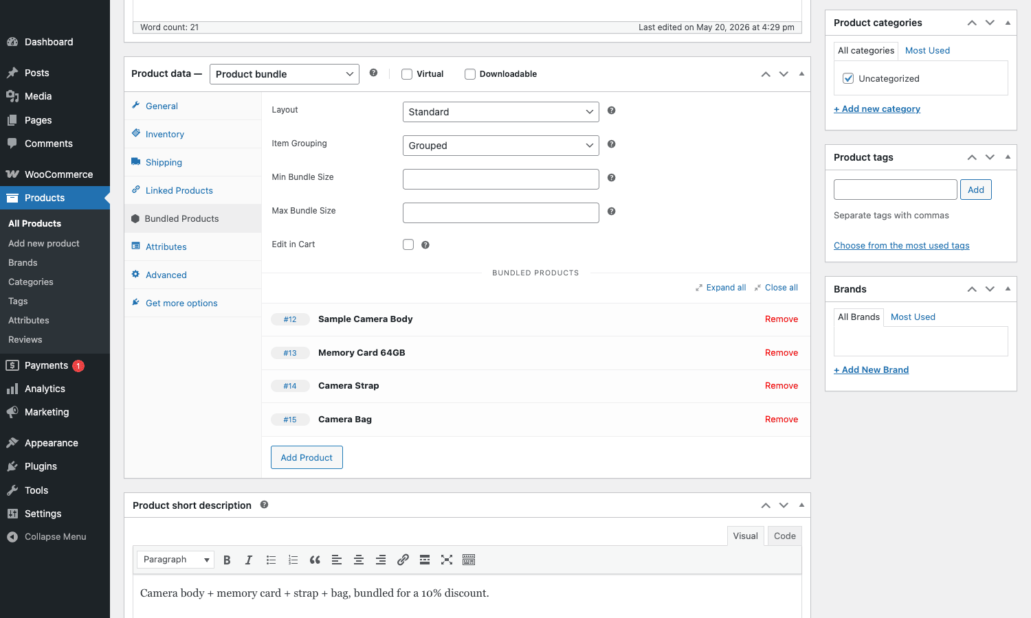 Bundled Products tab with Layout, Item Grouping, Min/Max Bundle Size, Edit in Cart, and four bundled items added WooCommerce Product Bundles editor with four child items added to a bundle