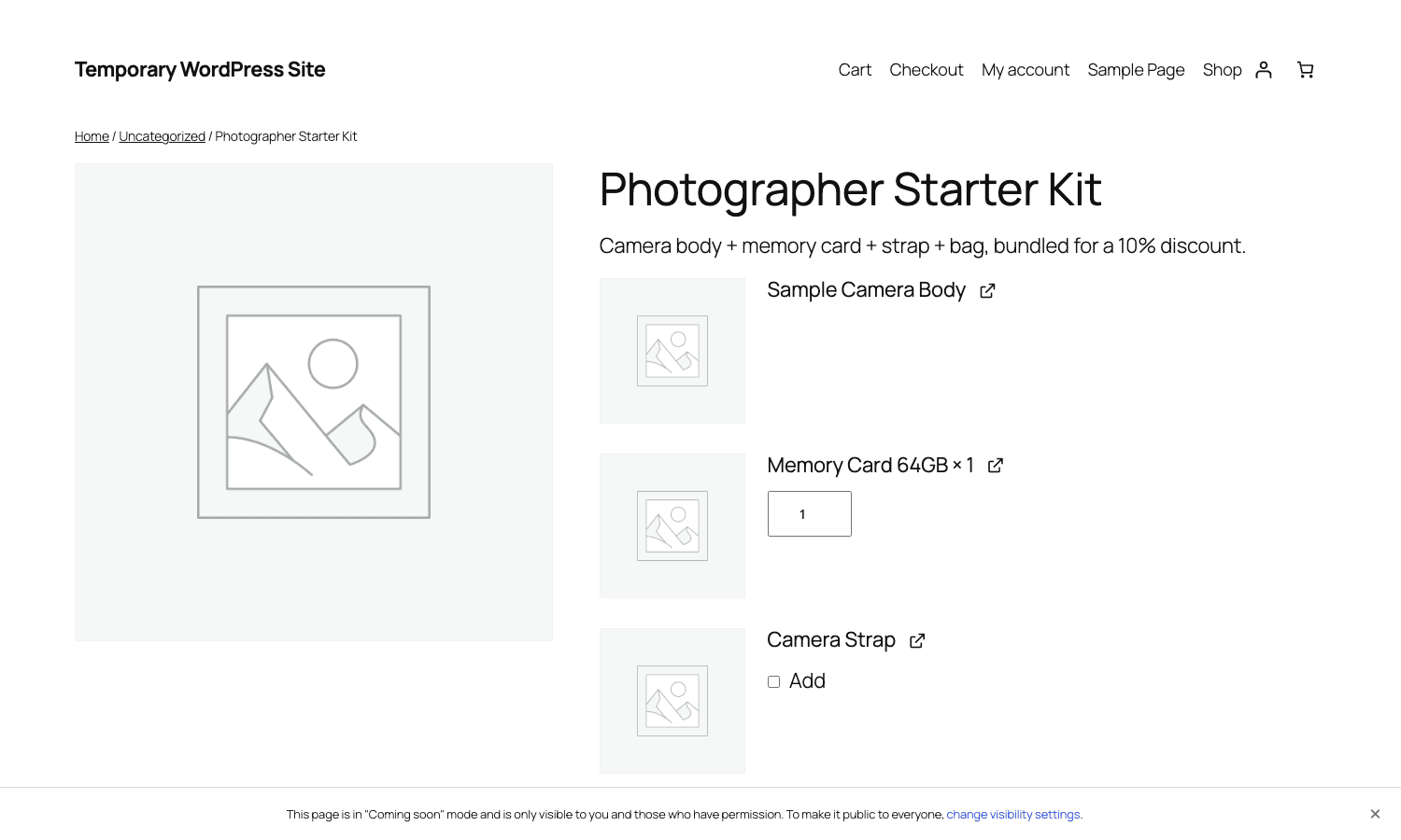 Front-end product page for a Product Bundle with Sample Camera Body, Memory Card 64GB, Camera Strap (optional Add checkbox), and bundle title and description Front-end bundle product page showing the Photographer Starter Kit with bundled items list