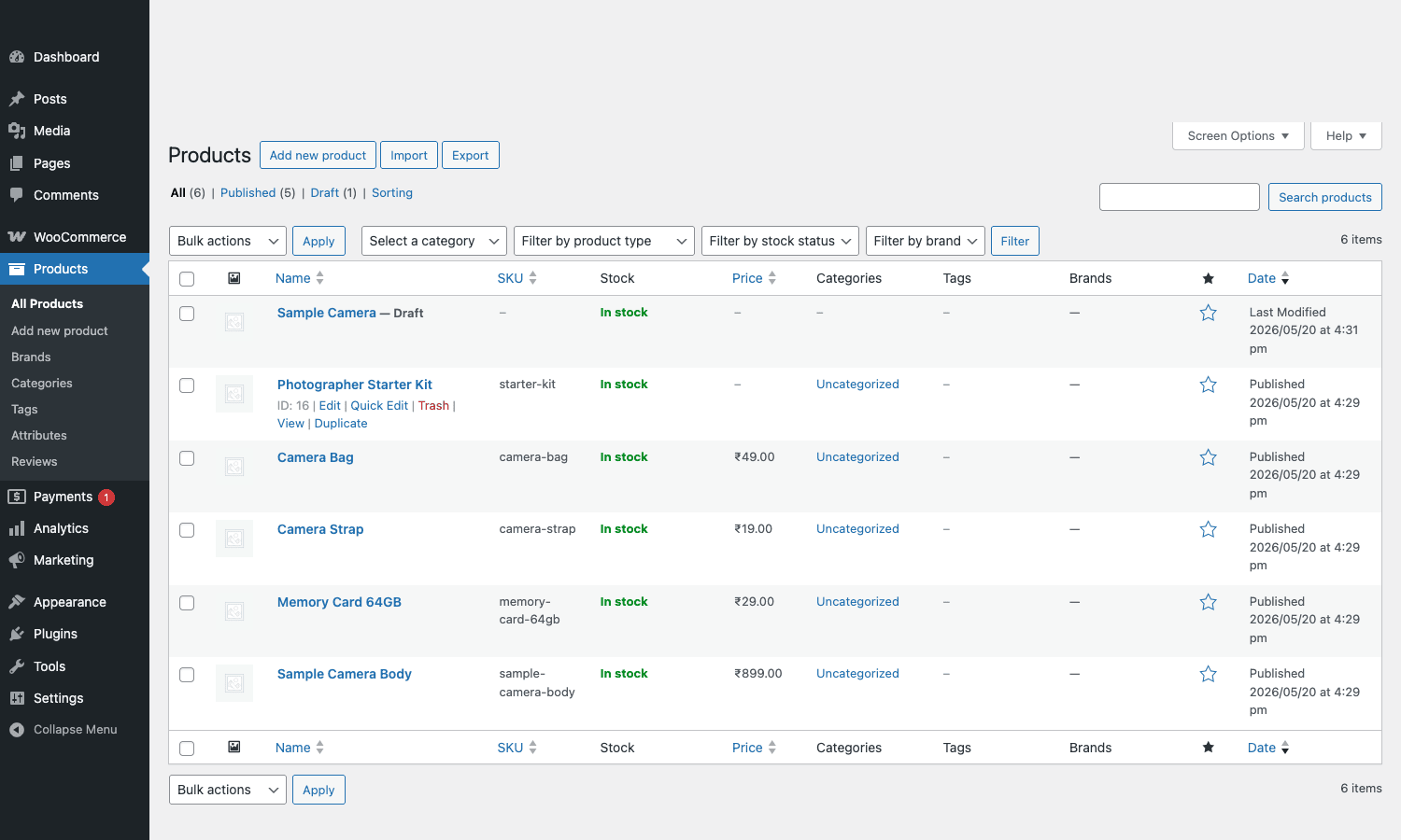WP admin Products list showing Photographer Starter Kit bundle alongside simple products Camera Body, Memory Card, Camera Strap, Camera Bag WooCommerce admin products list with a Product Bundle row alongside simple products