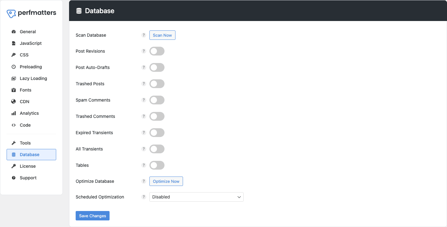 Perfmatters Database tab with cleanup options and scheduled optimization dropdown