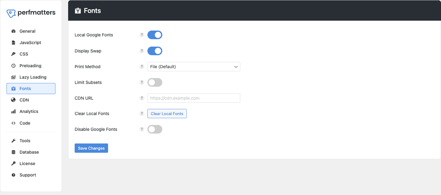 Perfmatters Fonts tab with Local Google Fonts, Display Swap, Print Method, and CDN URL options