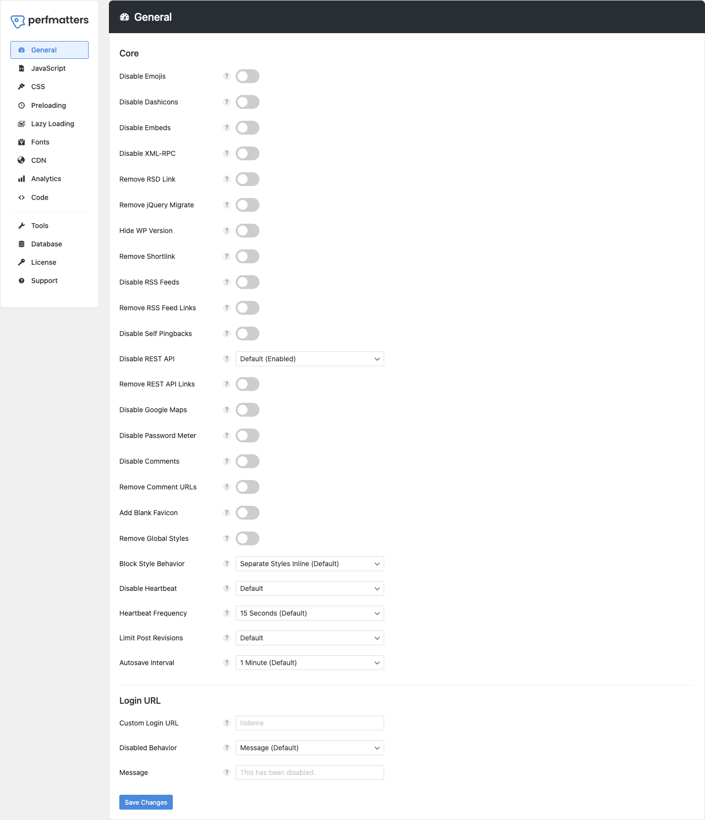 Perfmatters General tab with Core, Login URL, and toggles for disabling WordPress features