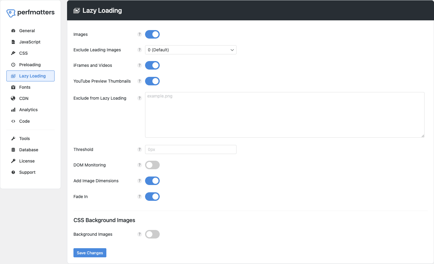 Perfmatters Lazy Loading tab with image, iframe, threshold and dimension options