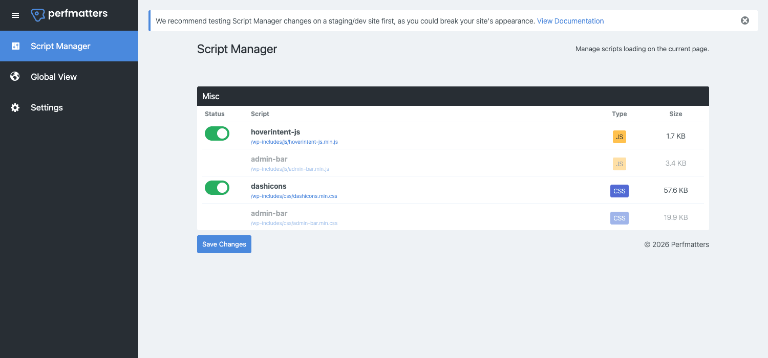 Perfmatters Script Manager interface showing per-script toggles for hoverintent, admin-bar, dashicons on a page