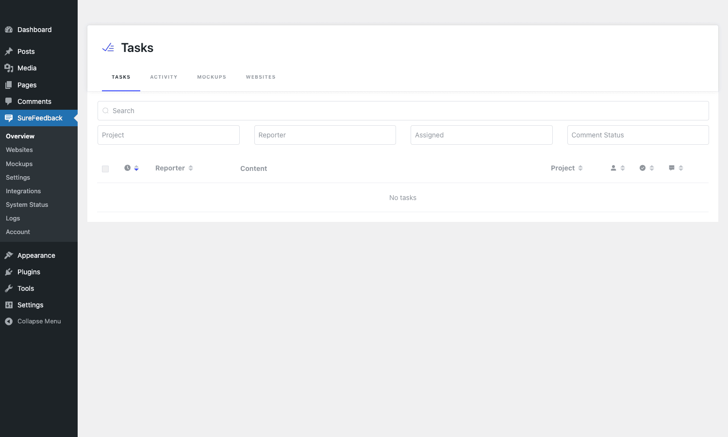 SureFeedback admin dashboard showing Tasks tab with Project, Reporter, Assigned, Comment Status filters and the SureFeedback submenu in the WordPress sidebar SureFeedback overview dashboard with Tasks, Activity, Mockups, Websites tabs