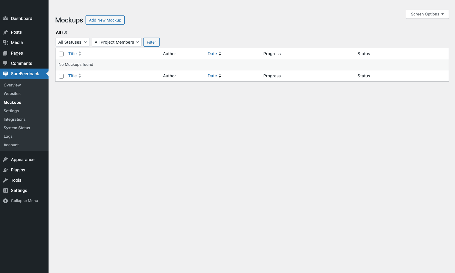 SureFeedback Mockups admin page for managing mockup projects and uploading designs SureFeedback Mockups admin page showing project management list