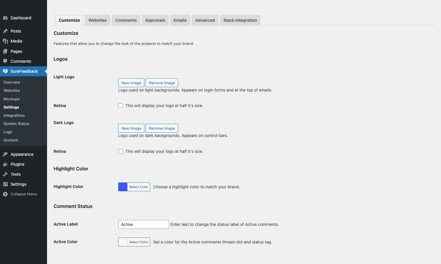 SureFeedback Settings admin page with configuration tabs for general settings, branding, integrations, and more SureFeedback Settings admin page