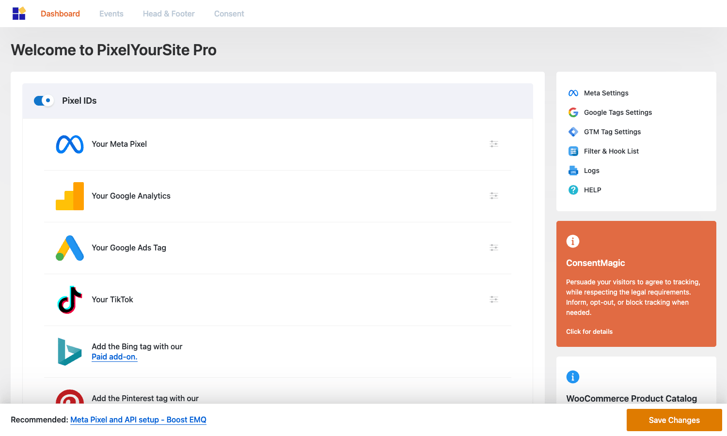 PixelYourSite Pro Dashboard showing Meta, Google Analytics, Google Ads, TikTok, Bing, and Pinterest tag slots